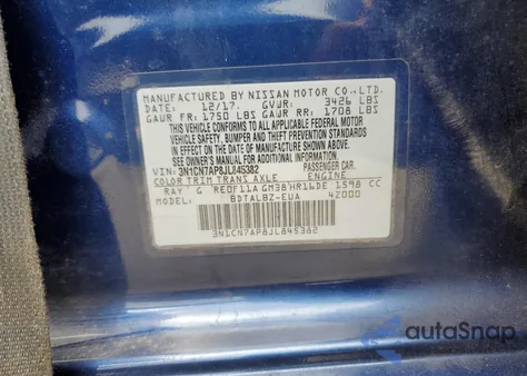 2018 Nissan Versa S z USA, uszkodzony, nr VIN 3N1CN7AP8JL845382